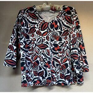 Hot Cotton Top Women Large V-Neck 3/4 Sleeve Floral Boho White Black Red Casual
